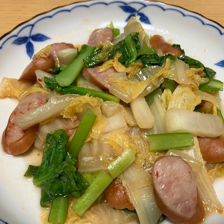 大根と小松菜と白菜とウインナーのピリ辛炒め☆彡